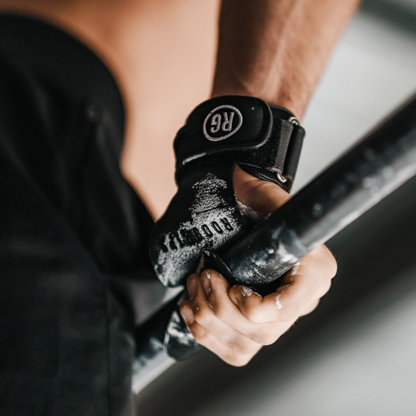 RooGrips Fingerless Black Crossfit Grips With Chalk Demonstrating Barbell Use